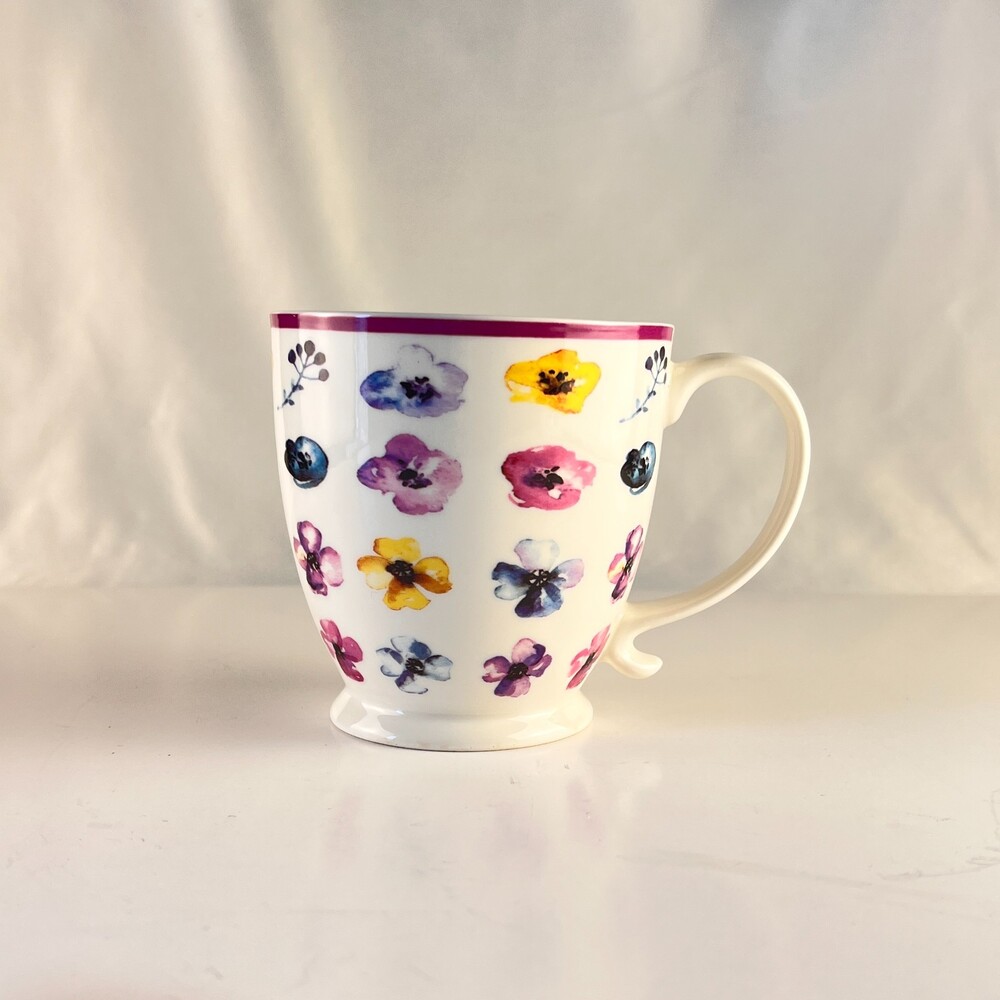 Porcelain Floral Watercolor Coffee Mug Pedestal Footed Base Spring Flowers Cup